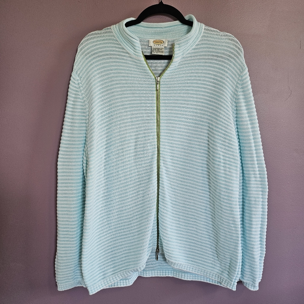 Talbots Woman Vintage Teal & White Striped Cotton Knit Mock Neck Zip Up Cardigan